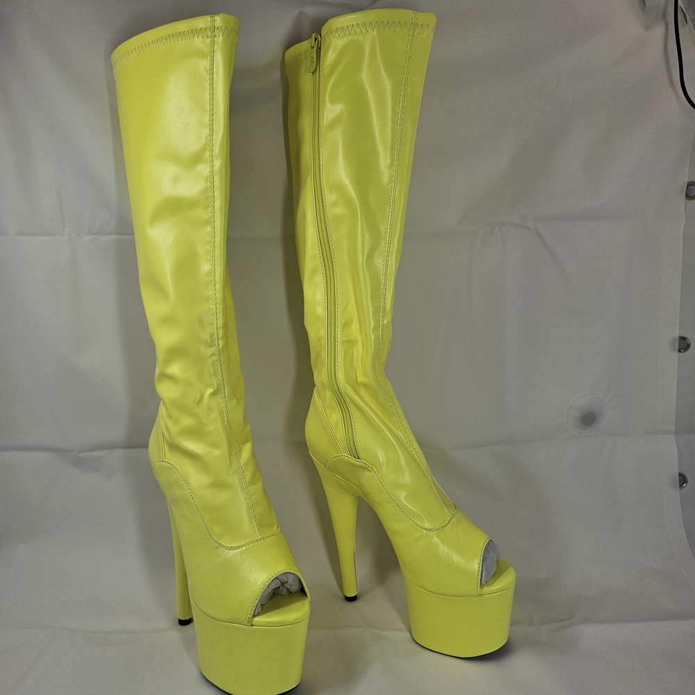 Neon Yellow Platform Knee High Boots Womens 7 Stiletto Heel Festival Club Boots